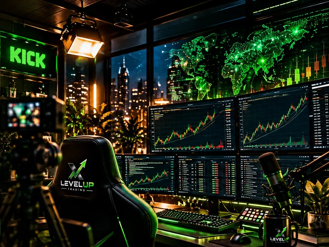 Estudio de trading de Level Up con monitores, cartel de Kick y silla con el logo de Level Up
