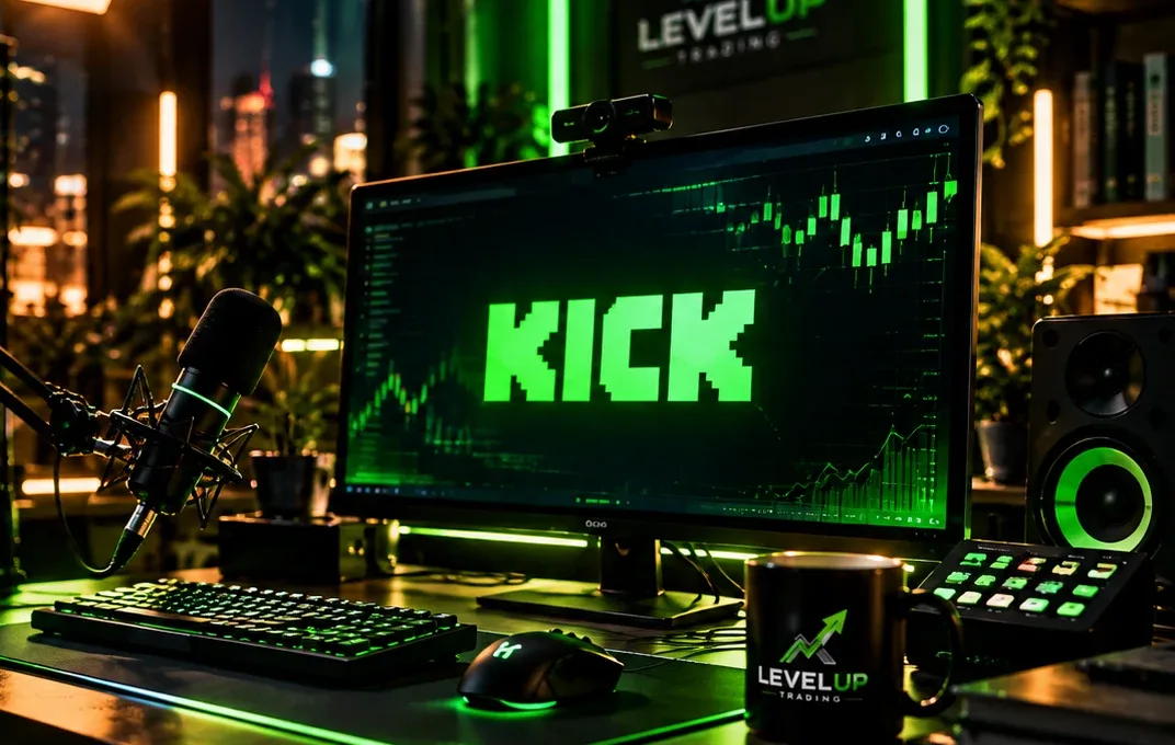 Monitor con Kick en pantalla, micrófono y taza con el logo de Level Up
