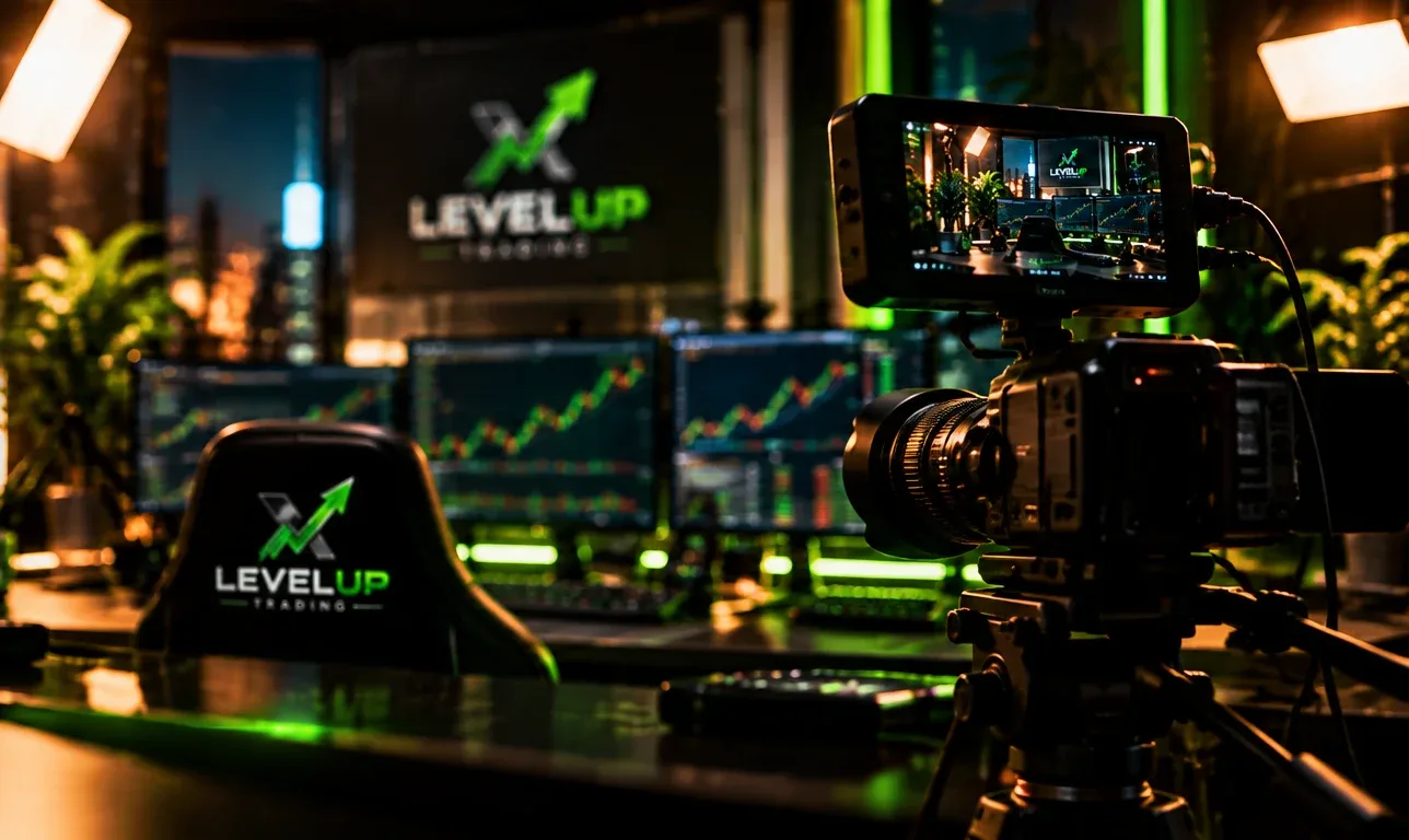 Estudio de Level Up con cámara, monitores de trading y silla con el logo de Level Up
