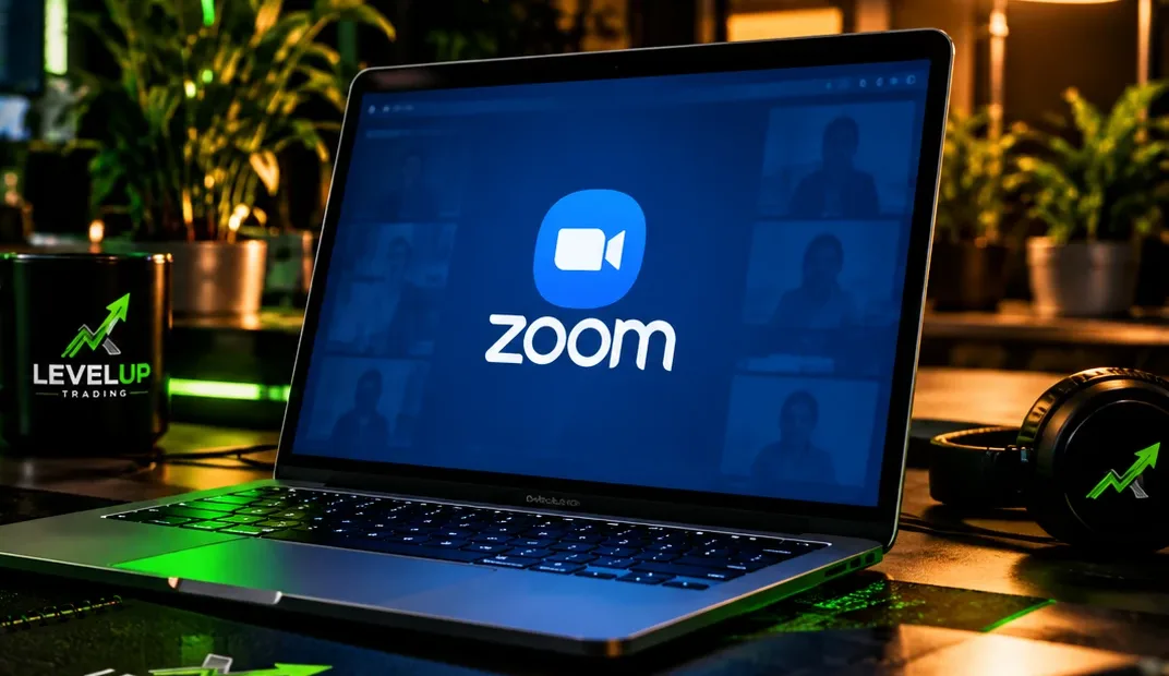 Notebook con Zoom abierto junto a una taza con el logo de Level Up